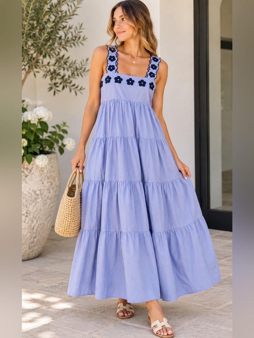 Anthropologie Lavender Tiered Maxi Dress with Navy Floral Straps